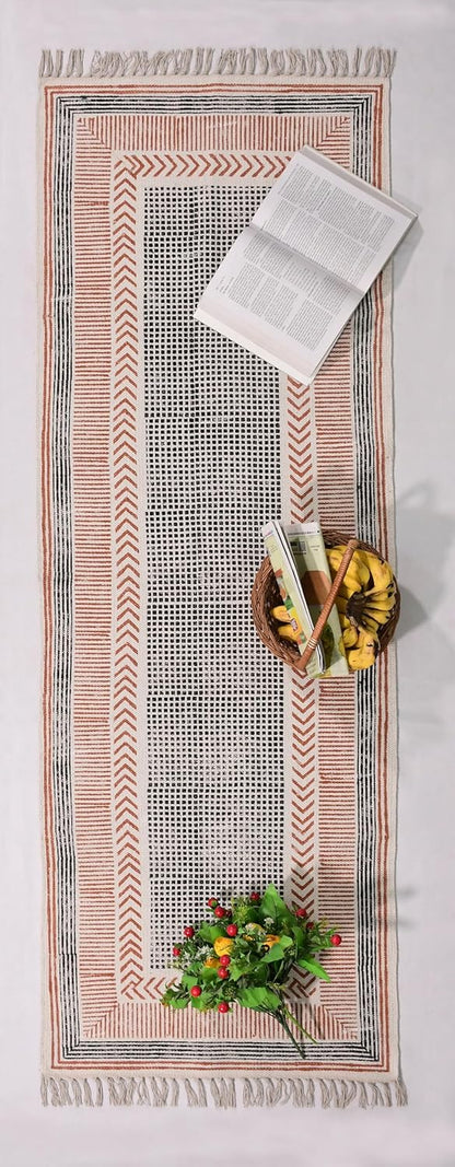 2x6 Ft Geometric Pattern Indian Handmade Cotton Runner Extra Large Hand Woven Flat Weave Yellow Black High Traffic Area Indian Yoga Mat Runner Low Pile Indoor Outdoor Use Rug - Colors A