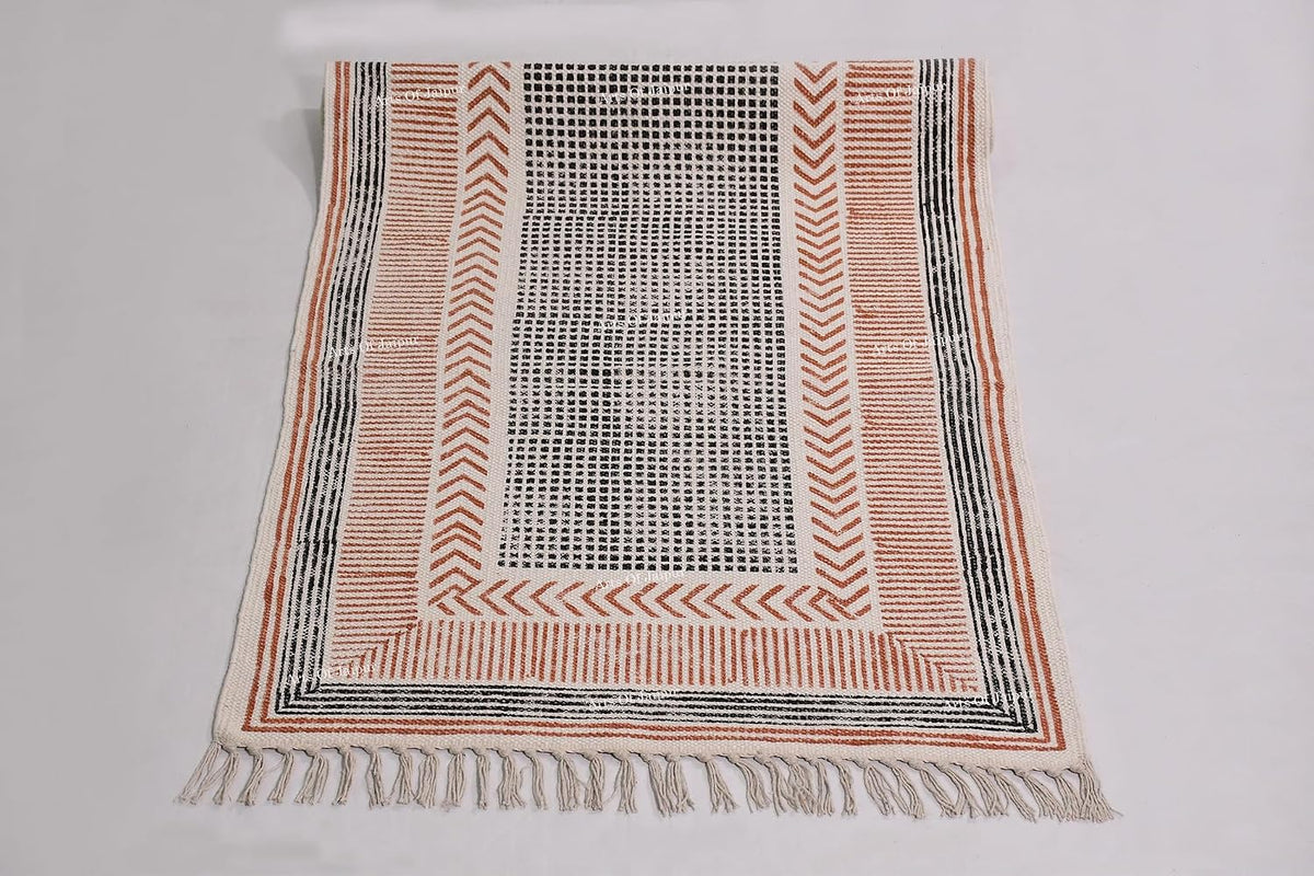 2x6 Ft Geometric Pattern Indian Handmade Cotton Runner Extra Large Hand Woven Flat Weave Yellow Black High Traffic Area Indian Yoga Mat Runner Low Pile Indoor Outdoor Use Rug - Colors A