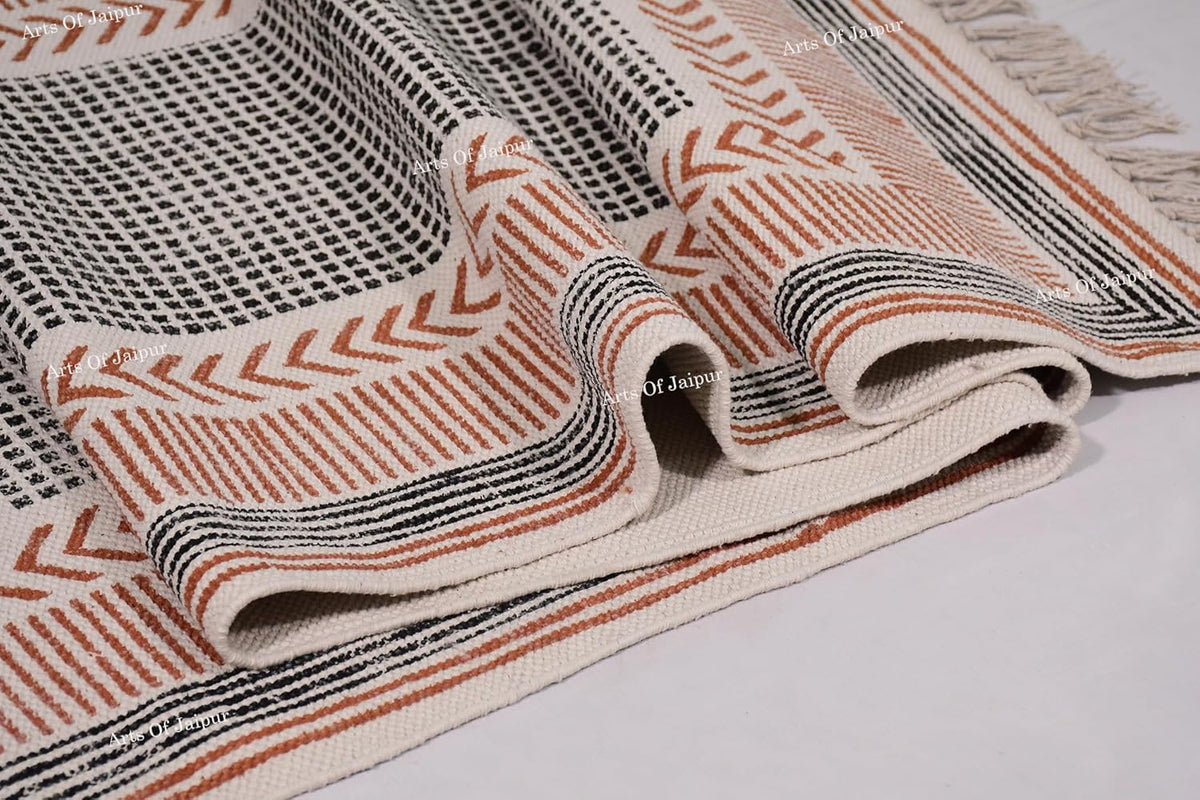 2x6 Ft Geometric Pattern Indian Handmade Cotton Runner Extra Large Hand Woven Flat Weave Yellow Black High Traffic Area Indian Yoga Mat Runner Low Pile Indoor Outdoor Use Rug - Colors A