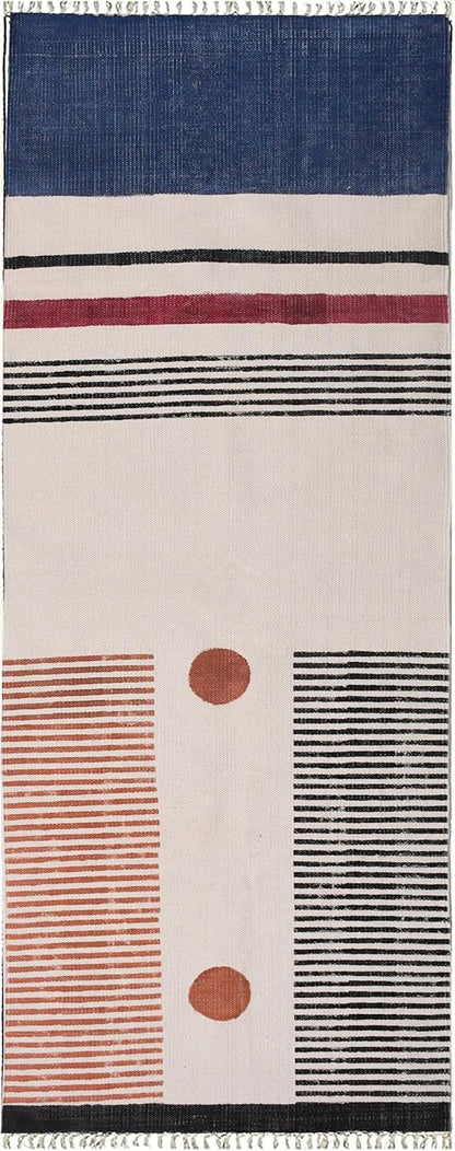 2x6 Ft Geometric Pattern Indian Handmade Cotton Runner Extra Large Hand Woven Flat Weave Yellow Black High Traffic Area Indian Yoga Mat Runner Low Pile Indoor Outdoor Use Rug - Colors A