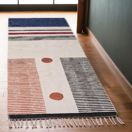 2x6 Ft Geometric Pattern Indian Handmade Cotton Runner Extra Large Hand Woven Flat Weave Yellow Black High Traffic Area Indian Yoga Mat Runner Low Pile Indoor Outdoor Use Rug - Colors A