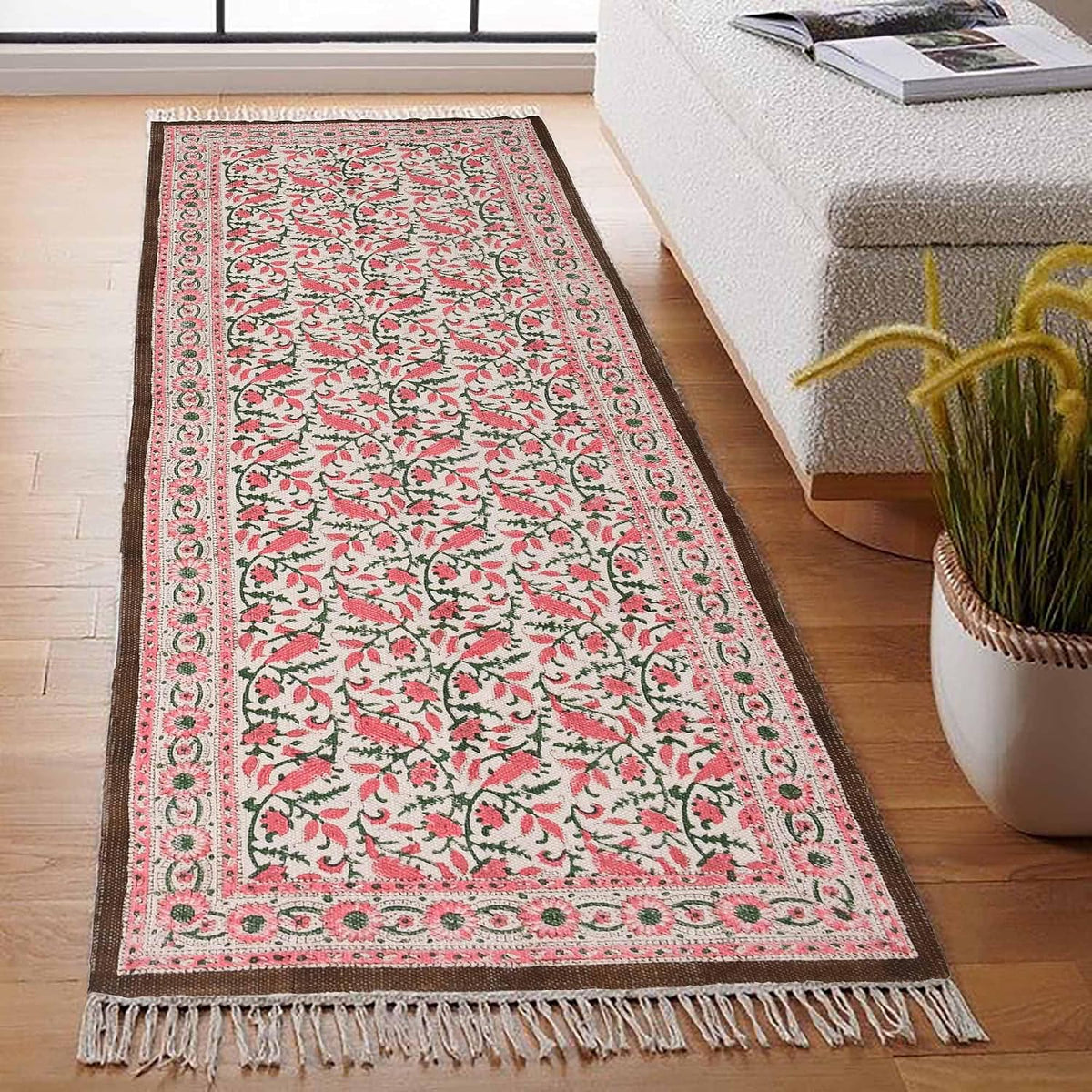 2x6 Ft Geometric Pattern Indian Handmade Cotton Runner Extra Large Hand Woven Flat Weave Yellow Black High Traffic Area Indian Yoga Mat Runner Low Pile Indoor Outdoor Use Rug - Colors A