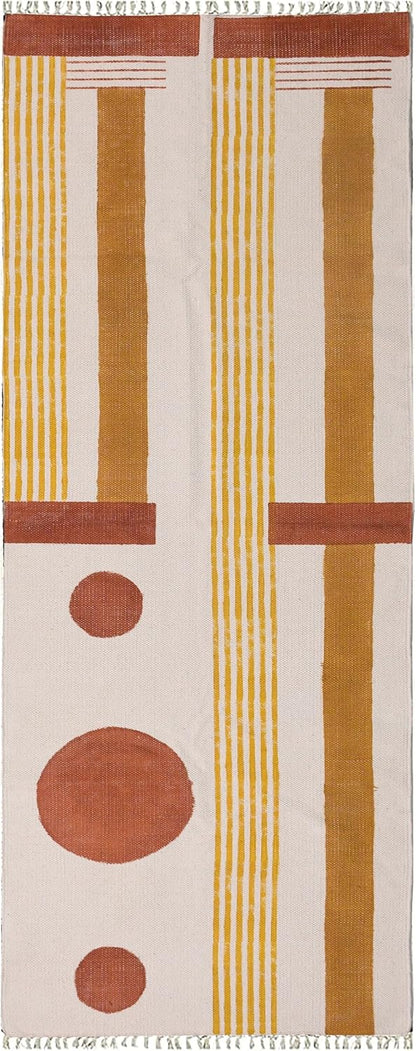 2x6 Ft Geometric Pattern Indian Handmade Cotton Runner Extra Large Hand Woven Flat Weave Yellow Black High Traffic Area Indian Yoga Mat Runner Low Pile Indoor Outdoor Use Rug - Colors A