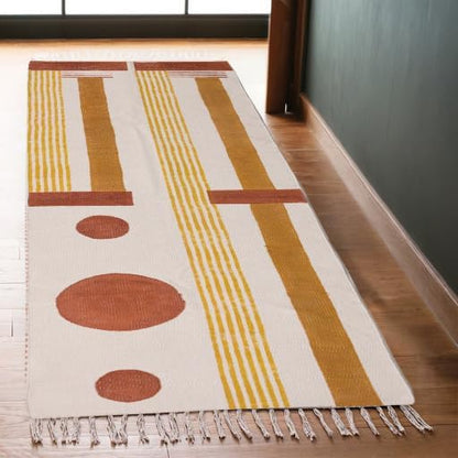 2x6 Ft Geometric Pattern Indian Handmade Cotton Runner Extra Large Hand Woven Flat Weave Yellow Black High Traffic Area Indian Yoga Mat Runner Low Pile Indoor Outdoor Use Rug - Colors A