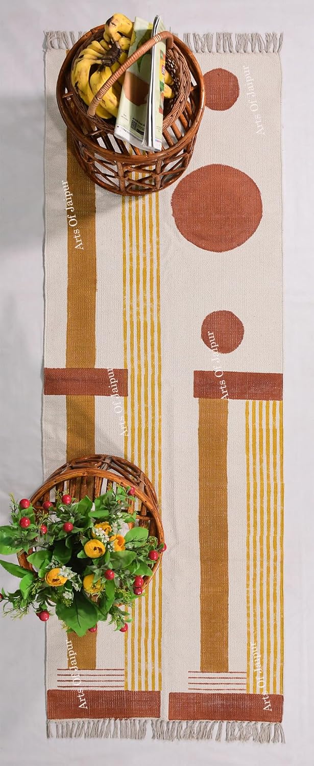2x6 Ft Geometric Pattern Indian Handmade Cotton Runner Extra Large Hand Woven Flat Weave Yellow Black High Traffic Area Indian Yoga Mat Runner Low Pile Indoor Outdoor Use Rug - Colors A