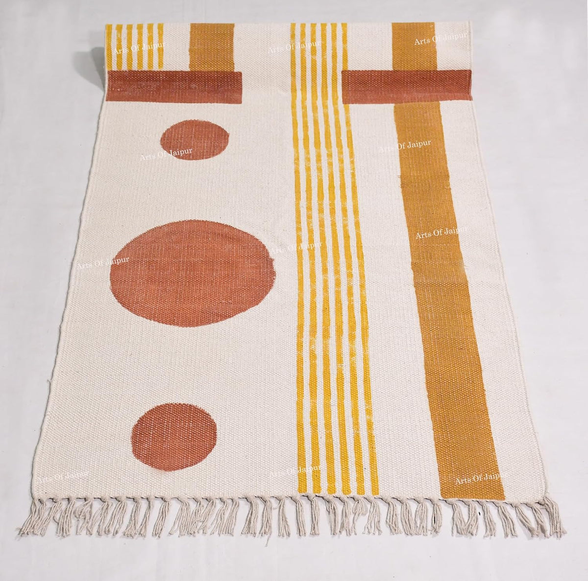 2x6 Ft Geometric Pattern Indian Handmade Cotton Runner Extra Large Hand Woven Flat Weave Yellow Black High Traffic Area Indian Yoga Mat Runner Low Pile Indoor Outdoor Use Rug - Colors A