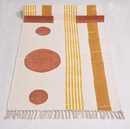 2x6 Ft Geometric Pattern Indian Handmade Cotton Runner Extra Large Hand Woven Flat Weave Yellow Black High Traffic Area Indian Yoga Mat Runner Low Pile Indoor Outdoor Use Rug - Colors A