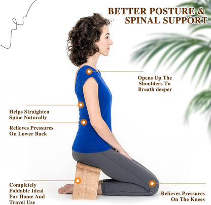 Meditation Bench with Cushion Foldable Ergonomic Bamboo Kneeling Stool Seiza Bench Wooden Meditation Stool Chair Zen Lotus Yoga Stool Floor Sitting Prayer Bench Removable Pillow