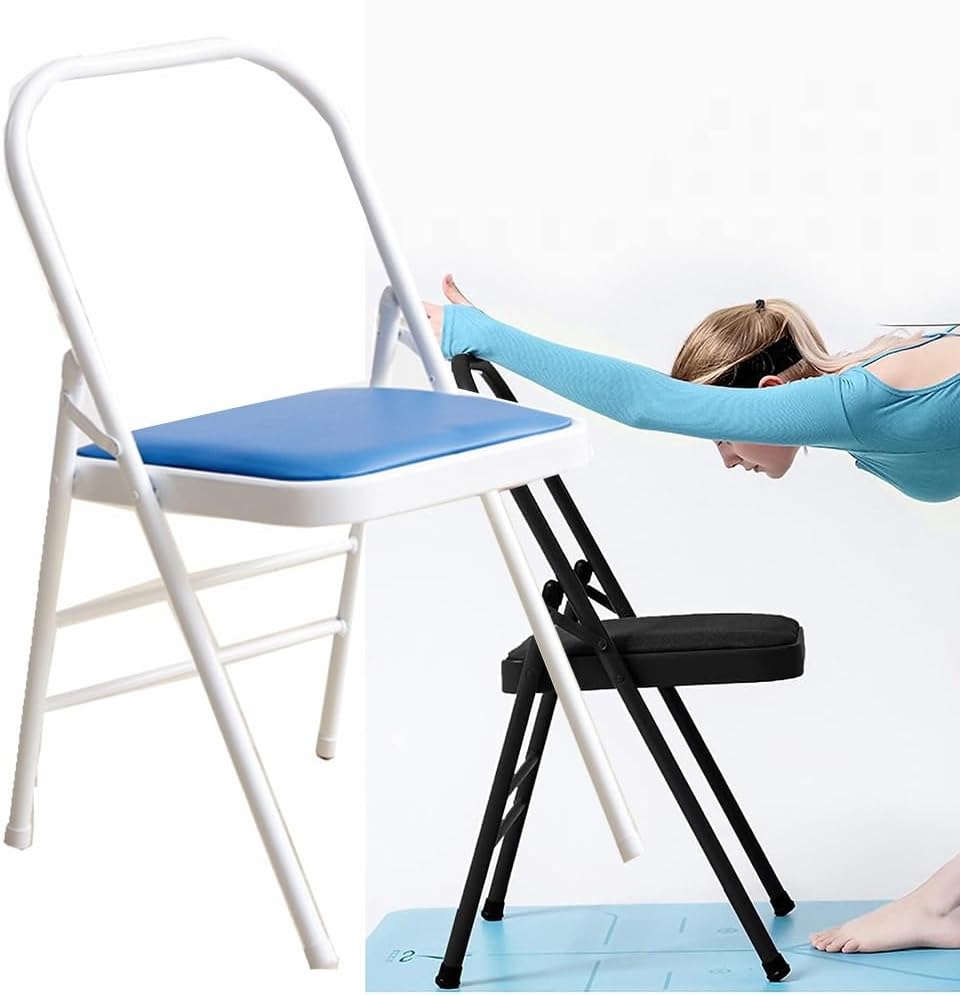 Iyengar Yoga Chair, Folding Yoga Auxiliary Chair, Foldable Yoga Chair with Non-Slip Feet Covers for Flexibility and Strength Training(Blue)