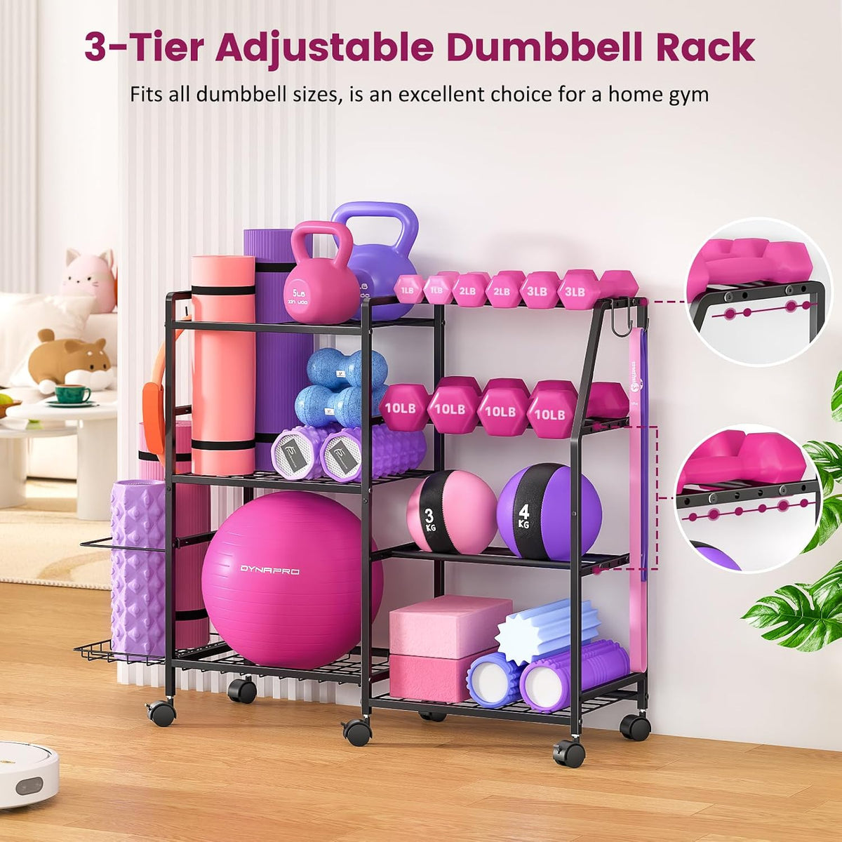 Dumbbell Rack, Weight Rack for Home Gym, Yoga Mat Storage Rack, Exercise Equipment Storage with Wheels and Hooks, Home Gym Equipment Organizer for Kettlebells
