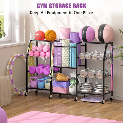 Dumbbell Rack, Weight Rack for Home Gym, Yoga Mat Storage Rack, Exercise Equipment Storage with Wheels and Hooks, Home Gym Equipment Organizer for Kettlebells