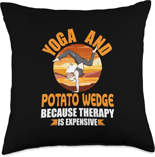 Yoga and Potato Wedge Therapy Funny Pilates Humor Yogi Throw Pillow, 18x18, Multicolor