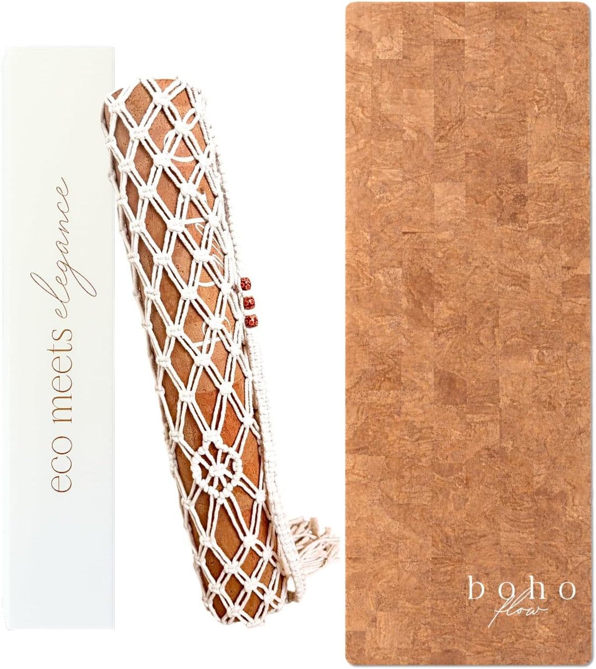 Deluxe Cork Yoga Mat | Eco-Luxury Editions Cork Leather, Coffee or Gold Cork | 5mm Natural Tree Rubber Base | Boho Macramé Bag Included