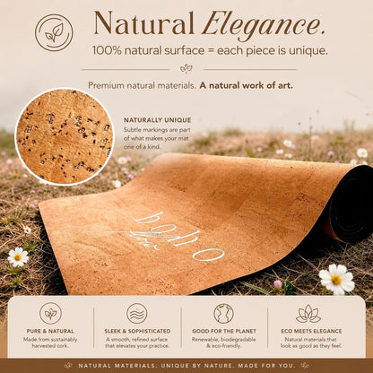 Deluxe Cork Yoga Mat | Eco-Luxury Editions Cork Leather, Coffee or Gold Cork | 5mm Natural Tree Rubber Base | Boho Macramé Bag Included