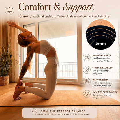 Deluxe Cork Yoga Mat | Eco-Luxury Editions Cork Leather, Coffee or Gold Cork | 5mm Natural Tree Rubber Base | Boho Macramé Bag Included