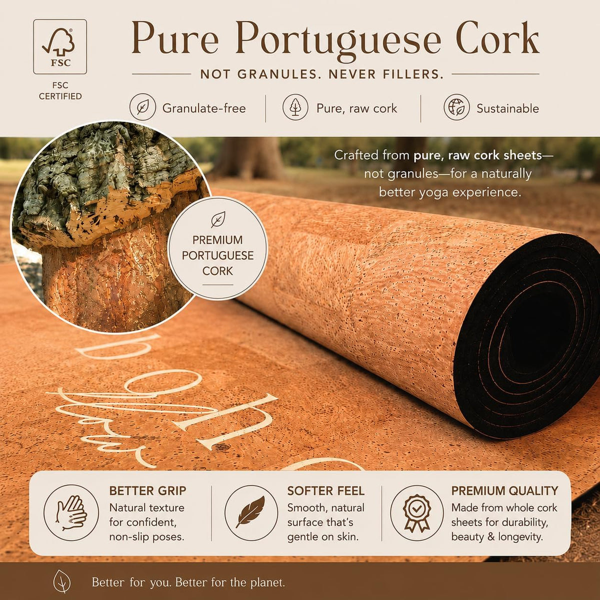 Deluxe Cork Yoga Mat | Eco-Luxury Editions Cork Leather, Coffee or Gold Cork | 5mm Natural Tree Rubber Base | Boho Macramé Bag Included