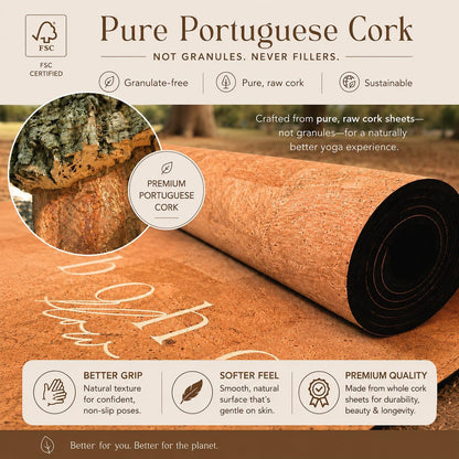 Deluxe Cork Yoga Mat | Eco-Luxury Editions Cork Leather, Coffee or Gold Cork | 5mm Natural Tree Rubber Base | Boho Macramé Bag Included