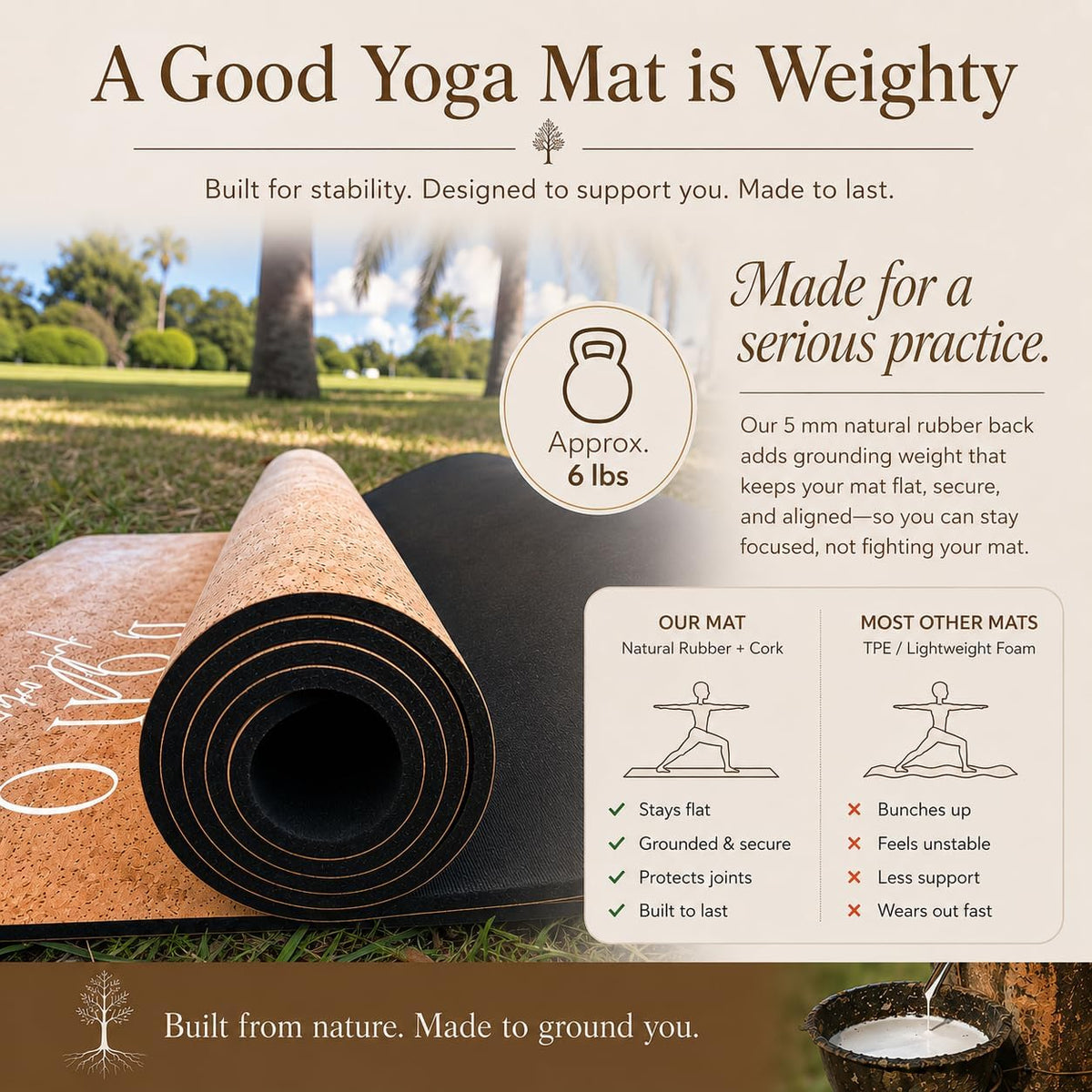 Deluxe Cork Yoga Mat | Eco-Luxury Editions Cork Leather, Coffee or Gold Cork | 5mm Natural Tree Rubber Base | Boho Macramé Bag Included