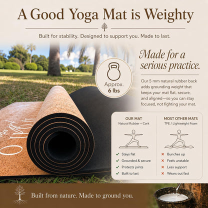 Deluxe Cork Yoga Mat | Eco-Luxury Editions Cork Leather, Coffee or Gold Cork | 5mm Natural Tree Rubber Base | Boho Macramé Bag Included