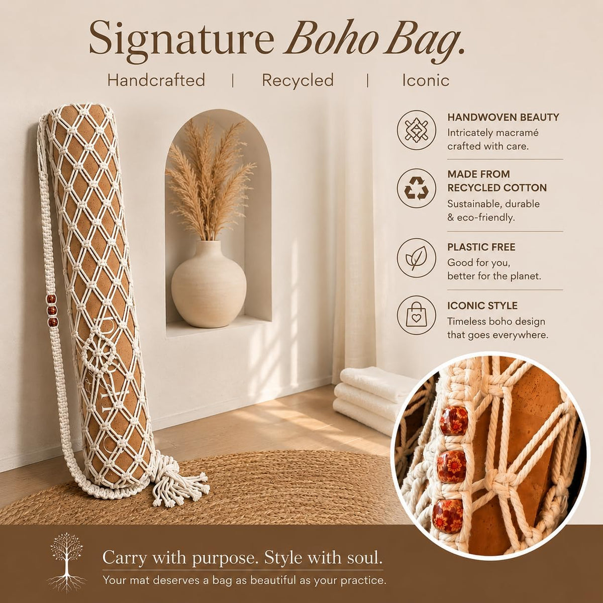 Deluxe Cork Yoga Mat | Eco-Luxury Editions Cork Leather, Coffee or Gold Cork | 5mm Natural Tree Rubber Base | Boho Macramé Bag Included