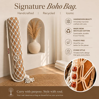 Deluxe Cork Yoga Mat | Eco-Luxury Editions Cork Leather, Coffee or Gold Cork | 5mm Natural Tree Rubber Base | Boho Macramé Bag Included