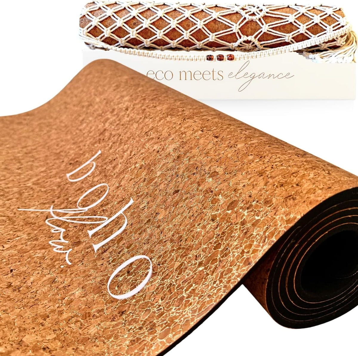 Deluxe Cork Yoga Mat | Eco-Luxury Editions Cork Leather, Coffee or Gold Cork | 5mm Natural Tree Rubber Base | Boho Macramé Bag Included
