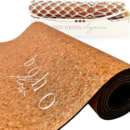 Deluxe Cork Yoga Mat | Eco-Luxury Editions Cork Leather, Coffee or Gold Cork | 5mm Natural Tree Rubber Base | Boho Macramé Bag Included