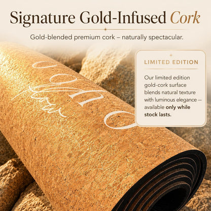 Deluxe Cork Yoga Mat | Eco-Luxury Editions Cork Leather, Coffee or Gold Cork | 5mm Natural Tree Rubber Base | Boho Macramé Bag Included