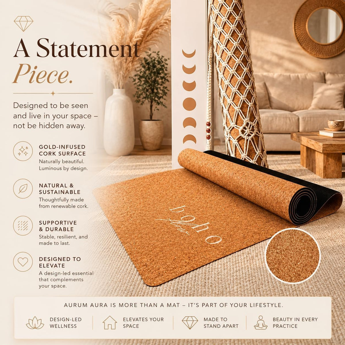 Deluxe Cork Yoga Mat | Eco-Luxury Editions Cork Leather, Coffee or Gold Cork | 5mm Natural Tree Rubber Base | Boho Macramé Bag Included