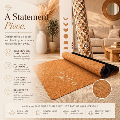 Deluxe Cork Yoga Mat | Eco-Luxury Editions Cork Leather, Coffee or Gold Cork | 5mm Natural Tree Rubber Base | Boho Macramé Bag Included
