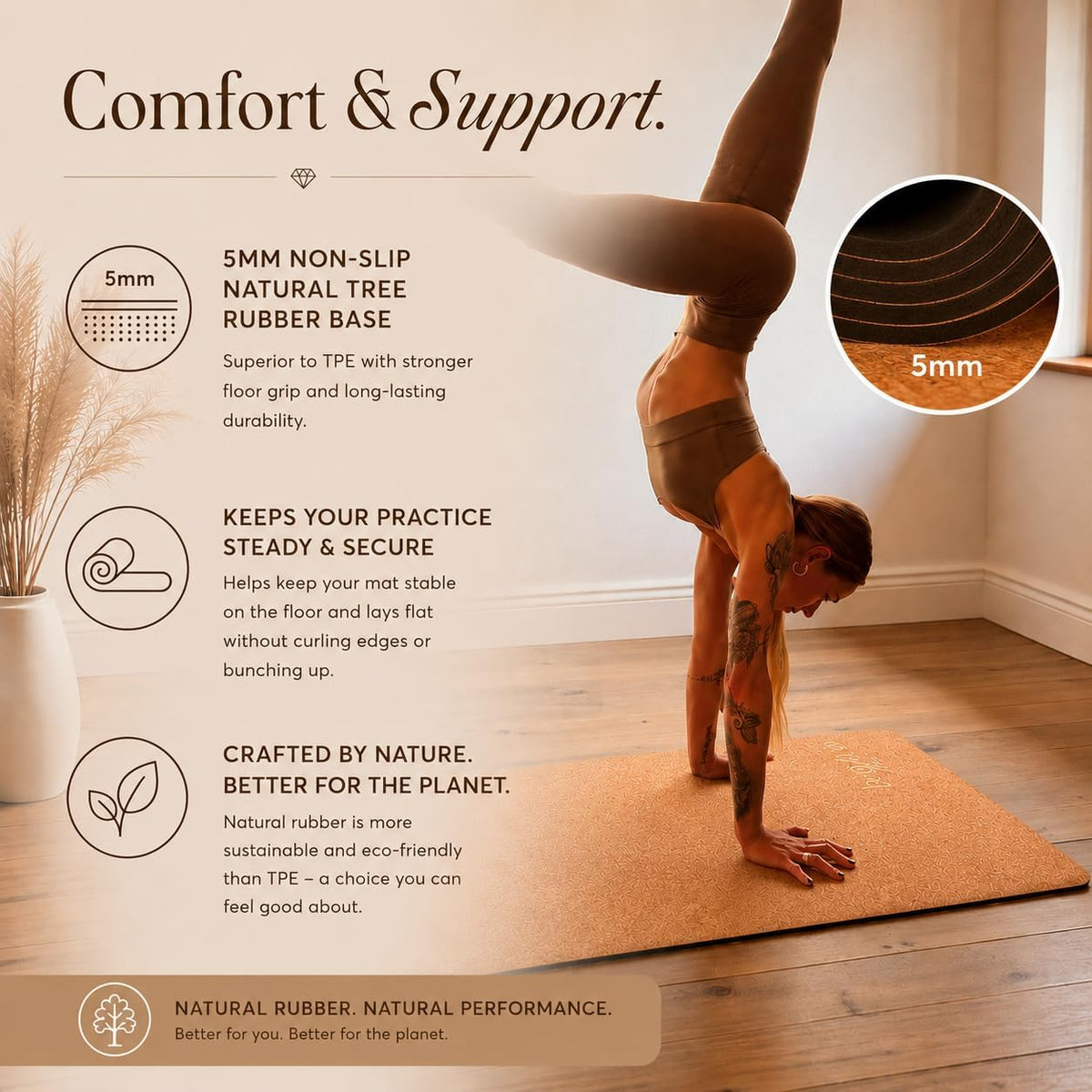 Deluxe Cork Yoga Mat | Eco-Luxury Editions Cork Leather, Coffee or Gold Cork | 5mm Natural Tree Rubber Base | Boho Macramé Bag Included
