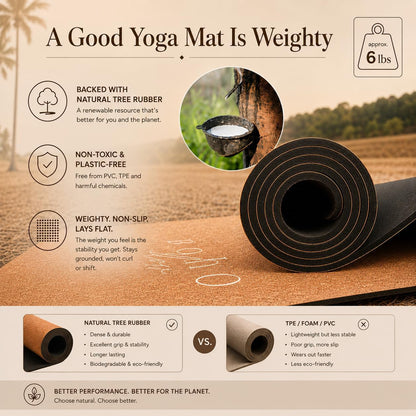 Deluxe Cork Yoga Mat | Eco-Luxury Editions Cork Leather, Coffee or Gold Cork | 5mm Natural Tree Rubber Base | Boho Macramé Bag Included