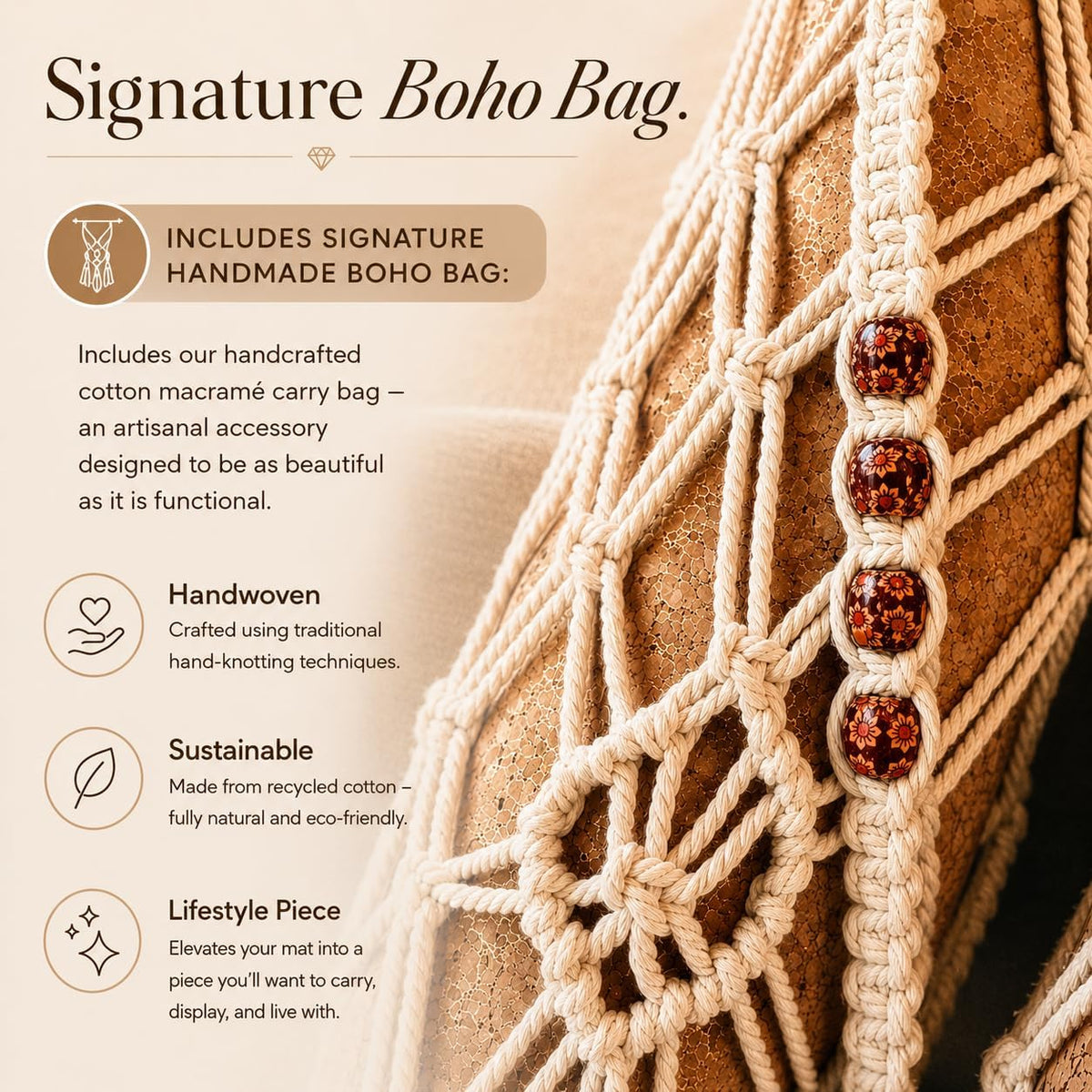 Deluxe Cork Yoga Mat | Eco-Luxury Editions Cork Leather, Coffee or Gold Cork | 5mm Natural Tree Rubber Base | Boho Macramé Bag Included