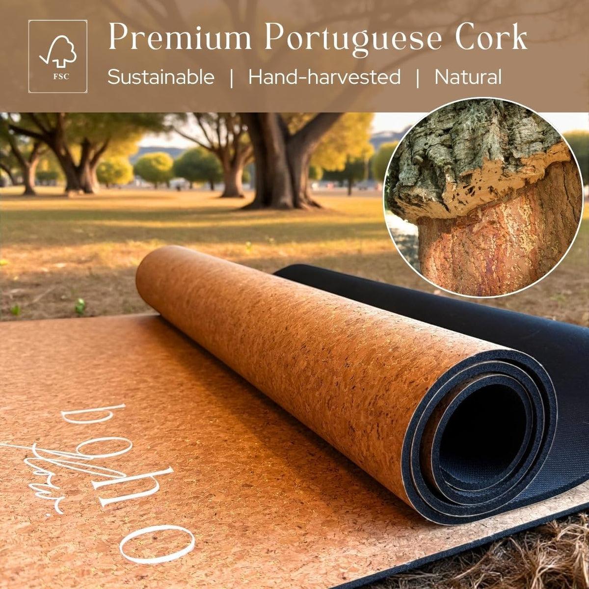 Deluxe Cork Yoga Mat | Eco-Luxury Editions Cork Leather, Coffee or Gold Cork | 5mm Natural Tree Rubber Base | Boho Macramé Bag Included