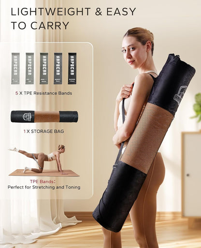 HAPBEAR Large Cork Yoga Mat - 72"x36" Wide Non-Slip for Home Workout, Yoga, Pilates & Stretching - 6mm Cushioned Support & Durable - Carry Bag Included