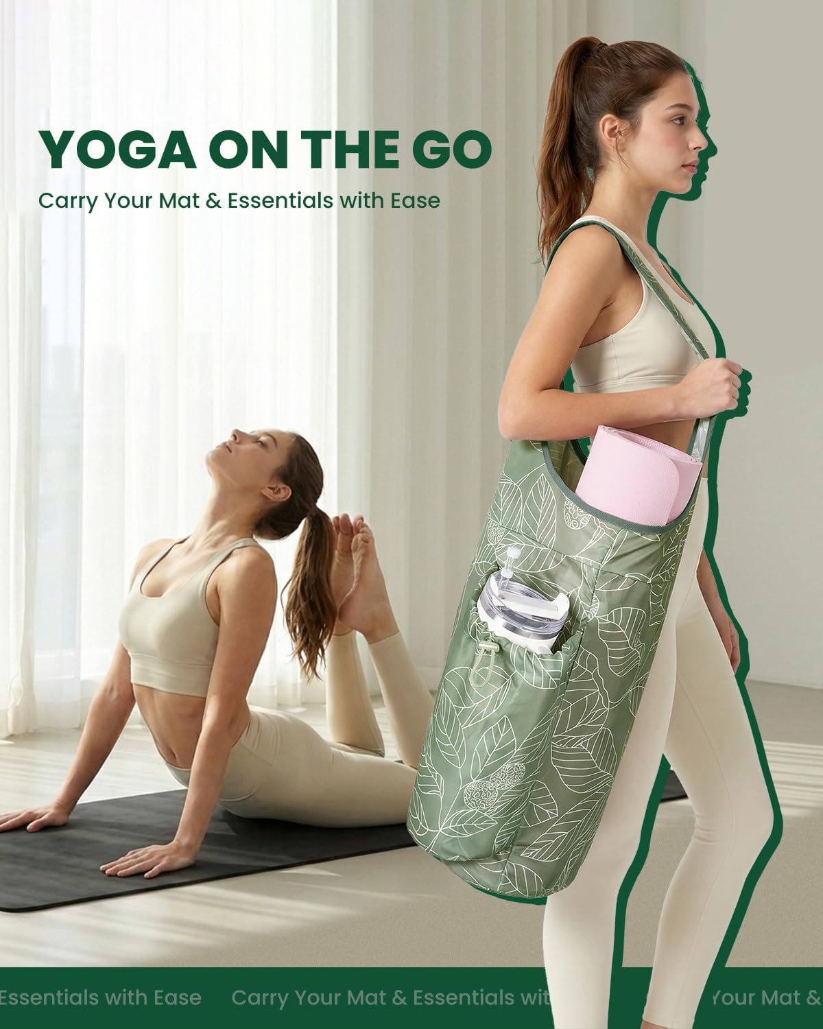 Yoga Mat Bag for Women with 40oz Water Bottle Pocket, Pilates Bag