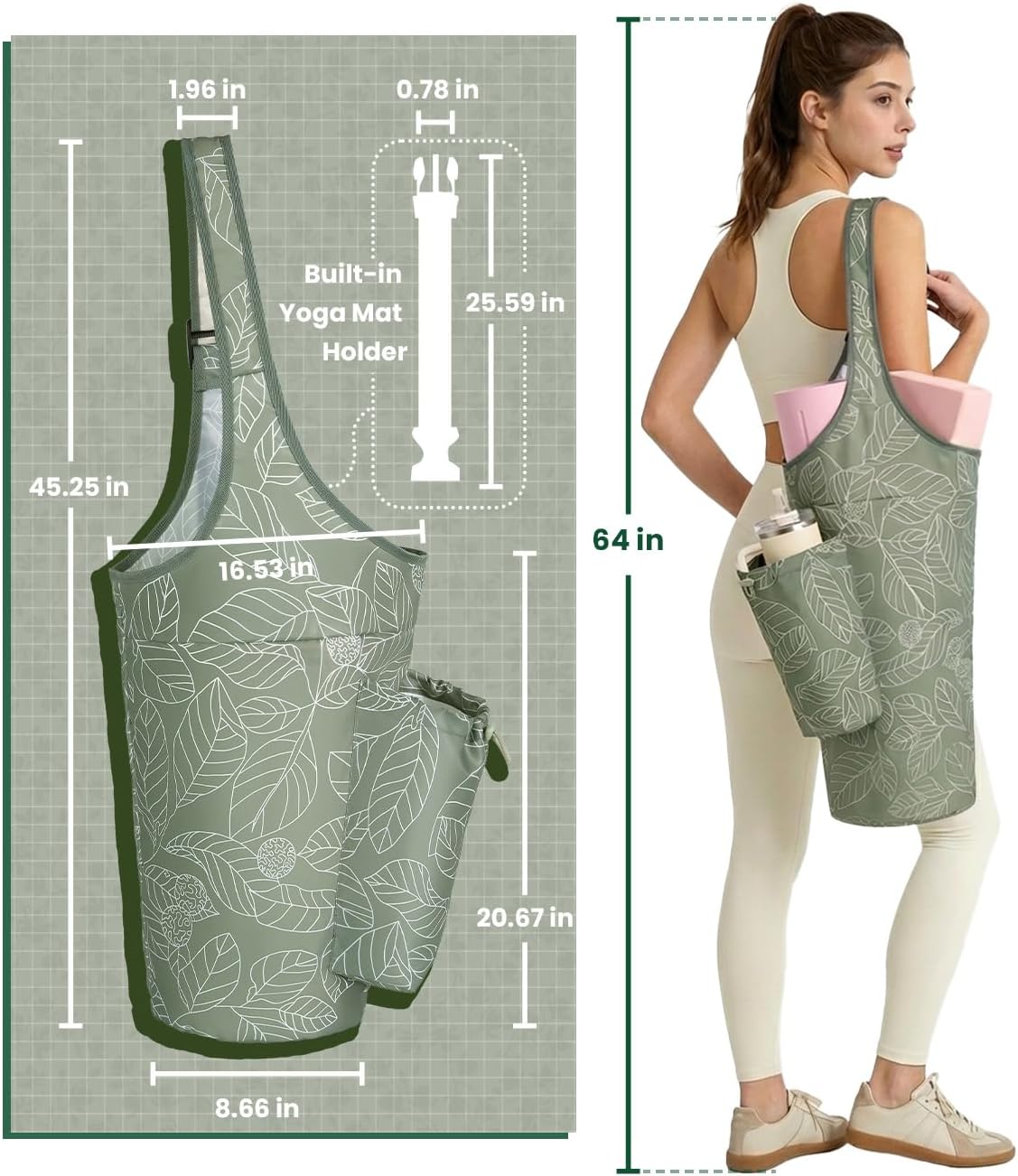 Yoga Mat Bag for Women with 40oz Water Bottle Pocket, Pilates Bag