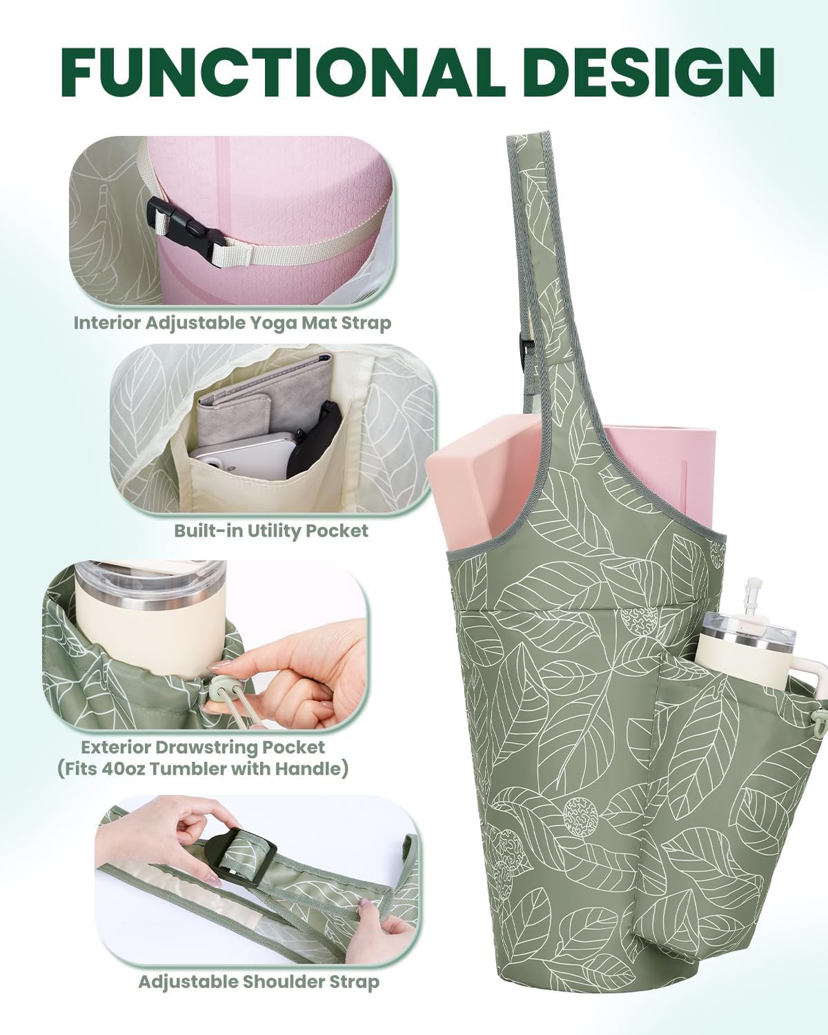 Yoga Mat Bag for Women with 40oz Water Bottle Pocket, Pilates Bag