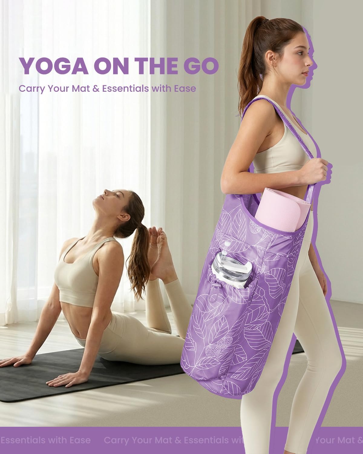 Yoga Mat Bag for Women with 40oz Water Bottle Pocket, Pilates Bag