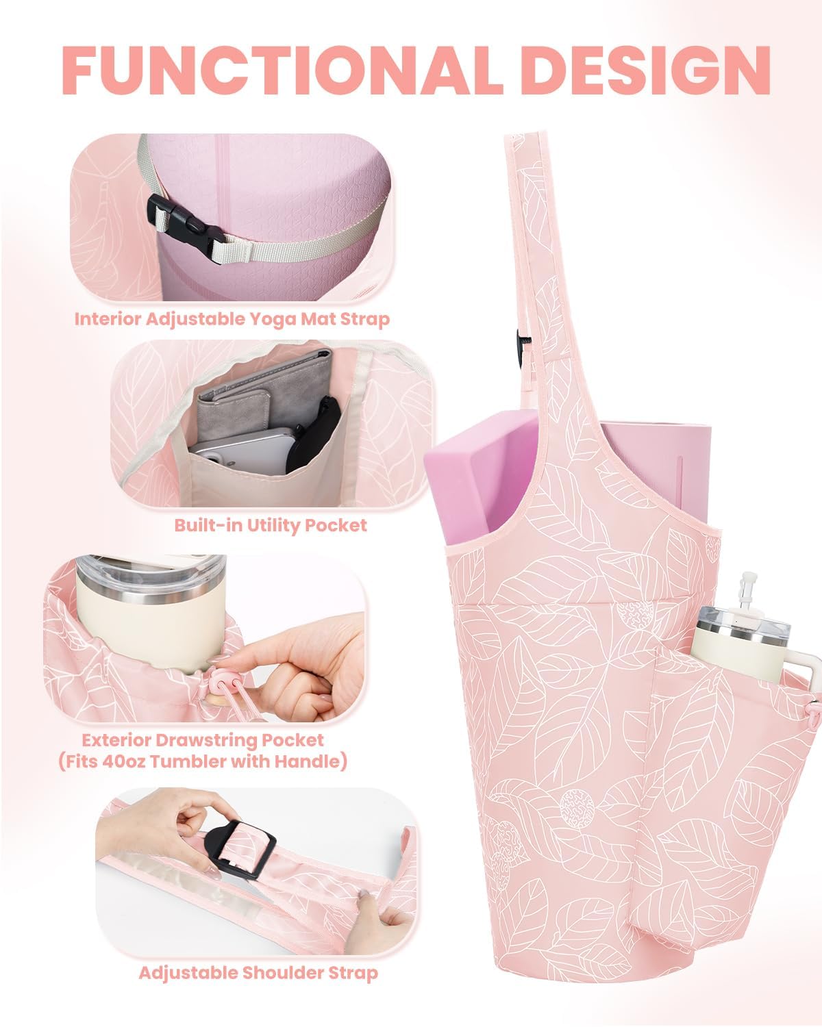 Yoga Mat Bag for Women with 40oz Water Bottle Pocket, Pilates Bag