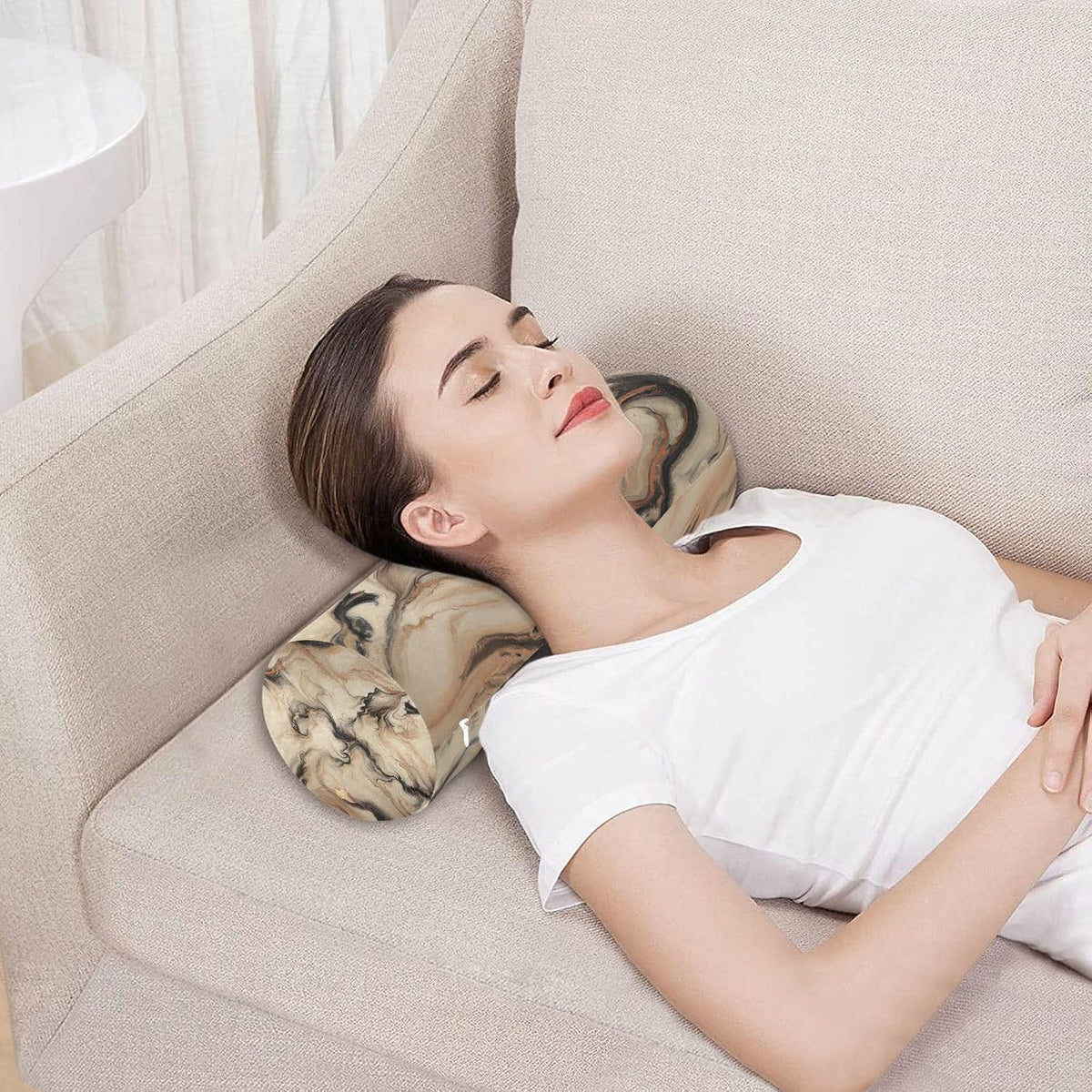Champagne Gold Marble Neck Roll Pillow - Soft Memory Foam Neck Round Pillow Cylinder Bolster Pillow for Sleeping, Round Neck Support for Bed, Legs, Back and Yoga, 17" X 5.5"