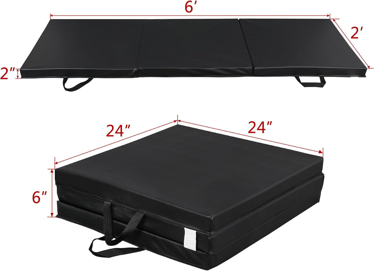 6' x 2' Tri-Fold Portable Folding Exercise Gym Mat Extra Thick Foam Gymnastics Mat Aerobics Yoga Martial Arts MMA Stretching Core Workouts w/Carrying Handle