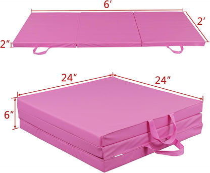 6' x 2' Tri-Fold Portable Folding Exercise Gym Mat Extra Thick Foam Gymnastics Mat Aerobics Yoga Martial Arts MMA Stretching Core Workouts w/Carrying Handle