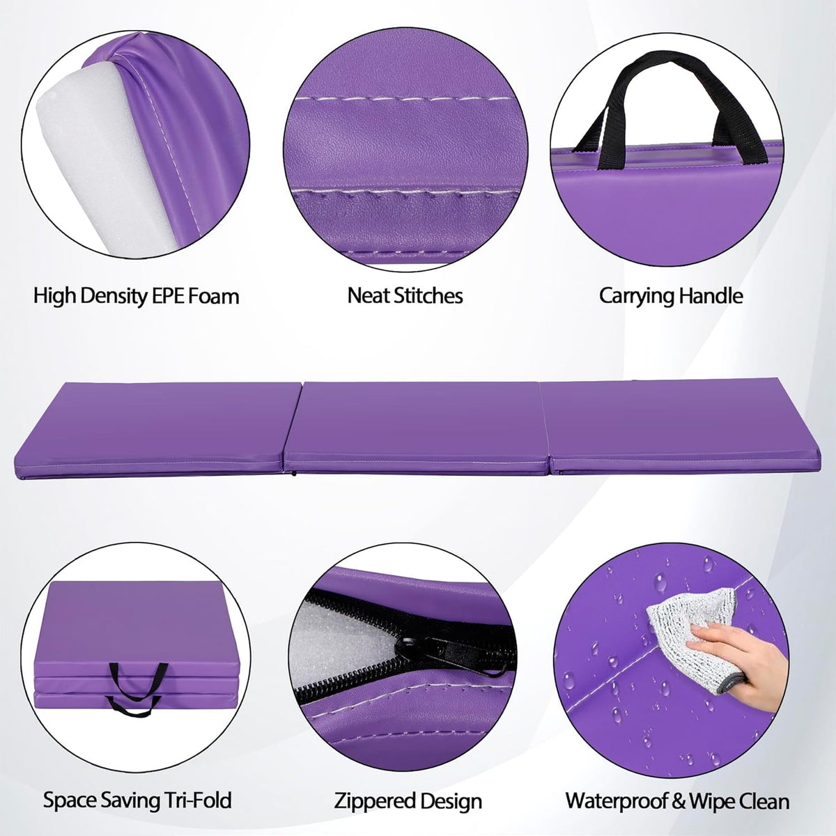 6' x 2' Tri-Fold Portable Folding Exercise Gym Mat Extra Thick Foam Gymnastics Mat Aerobics Yoga Martial Arts MMA Stretching Core Workouts w/Carrying Handle