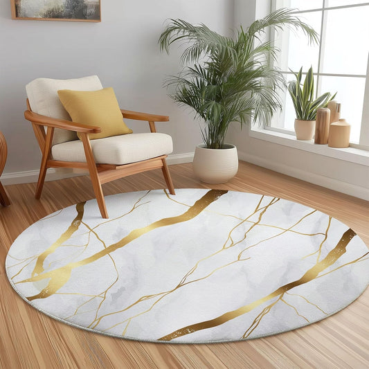 Simple Elegant Style Gold Line Pattern Round Rug 4 ft White Gold Living Room Rug Soft Dining Room Circle Rugs Non Slip Bedroom Mat, Indoor Floor Nursery Carpet for Kitchen Coffee Table Hardwood Floor