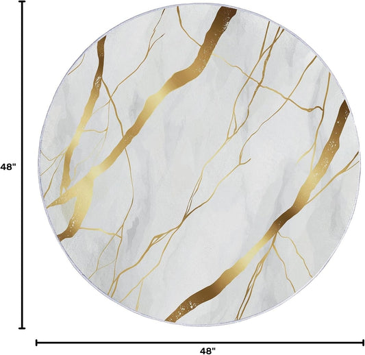 Simple Elegant Style Gold Line Pattern Round Rug 4 ft White Gold Living Room Rug Soft Dining Room Circle Rugs Non Slip Bedroom Mat, Indoor Floor Nursery Carpet for Kitchen Coffee Table Hardwood Floor