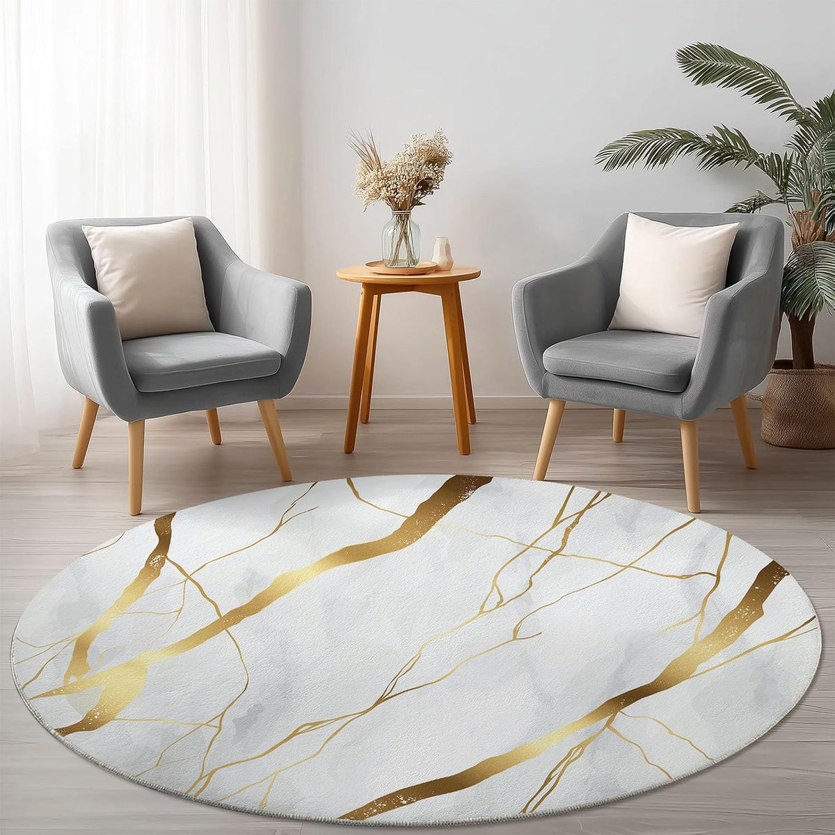 Simple Elegant Style Gold Line Pattern Round Rug 4 ft White Gold Living Room Rug Soft Dining Room Circle Rugs Non Slip Bedroom Mat, Indoor Floor Nursery Carpet for Kitchen Coffee Table Hardwood Floor