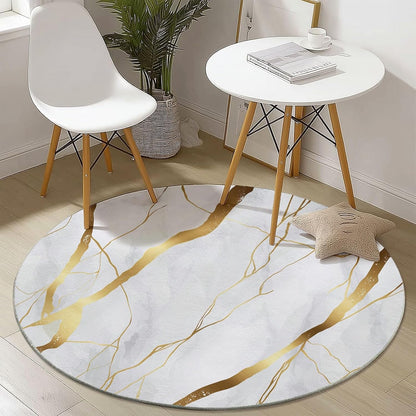 Simple Elegant Style Gold Line Pattern Round Rug 4 ft White Gold Living Room Rug Soft Dining Room Circle Rugs Non Slip Bedroom Mat, Indoor Floor Nursery Carpet for Kitchen Coffee Table Hardwood Floor