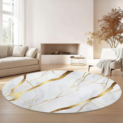 Simple Elegant Style Gold Line Pattern Round Rug 4 ft White Gold Living Room Rug Soft Dining Room Circle Rugs Non Slip Bedroom Mat, Indoor Floor Nursery Carpet for Kitchen Coffee Table Hardwood Floor