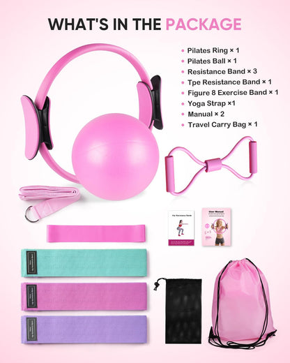 Home Pilates Kit, Pilates Essentials Kit for Women, Pilates Equipment Set with Pilates Ring, Resistance Bands & Accessories, Guides, Pilates Ring and Ball Set for Starters Home Workouts